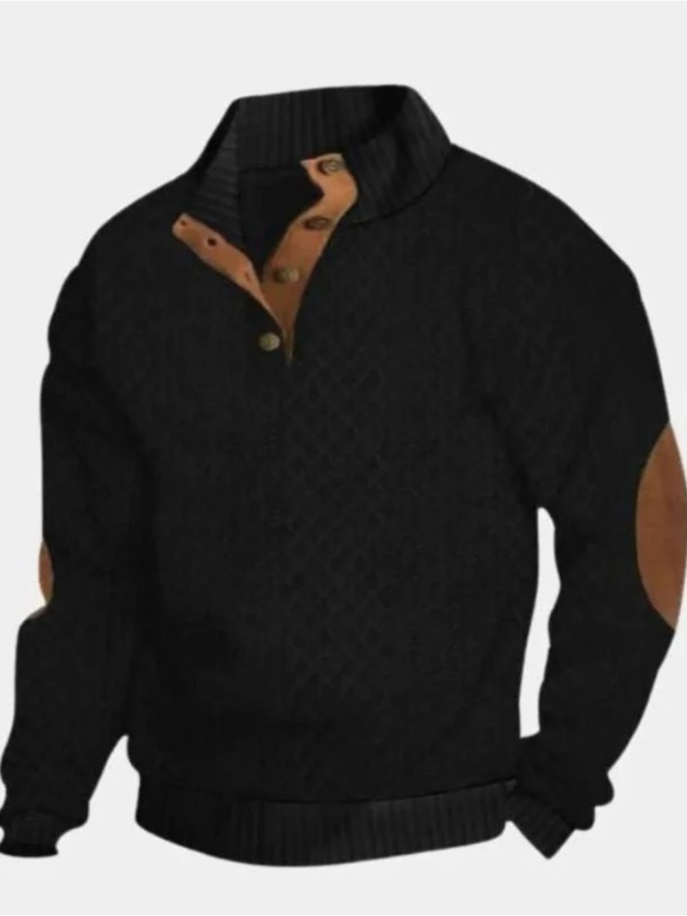 Men's Black Knit Classic High Collar Sweater with Tan Trim
